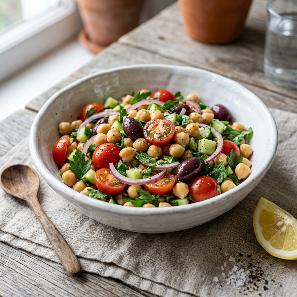 Close-up of Mediterranean chickpea summer vegan salad in a white ceramic bowl with cherry tomatoes, cucumber, and olives