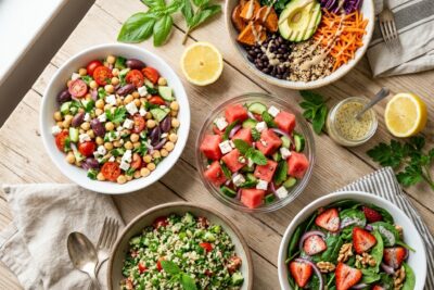 Top-down view of 5 colorful summer vegan salads on a wooden table