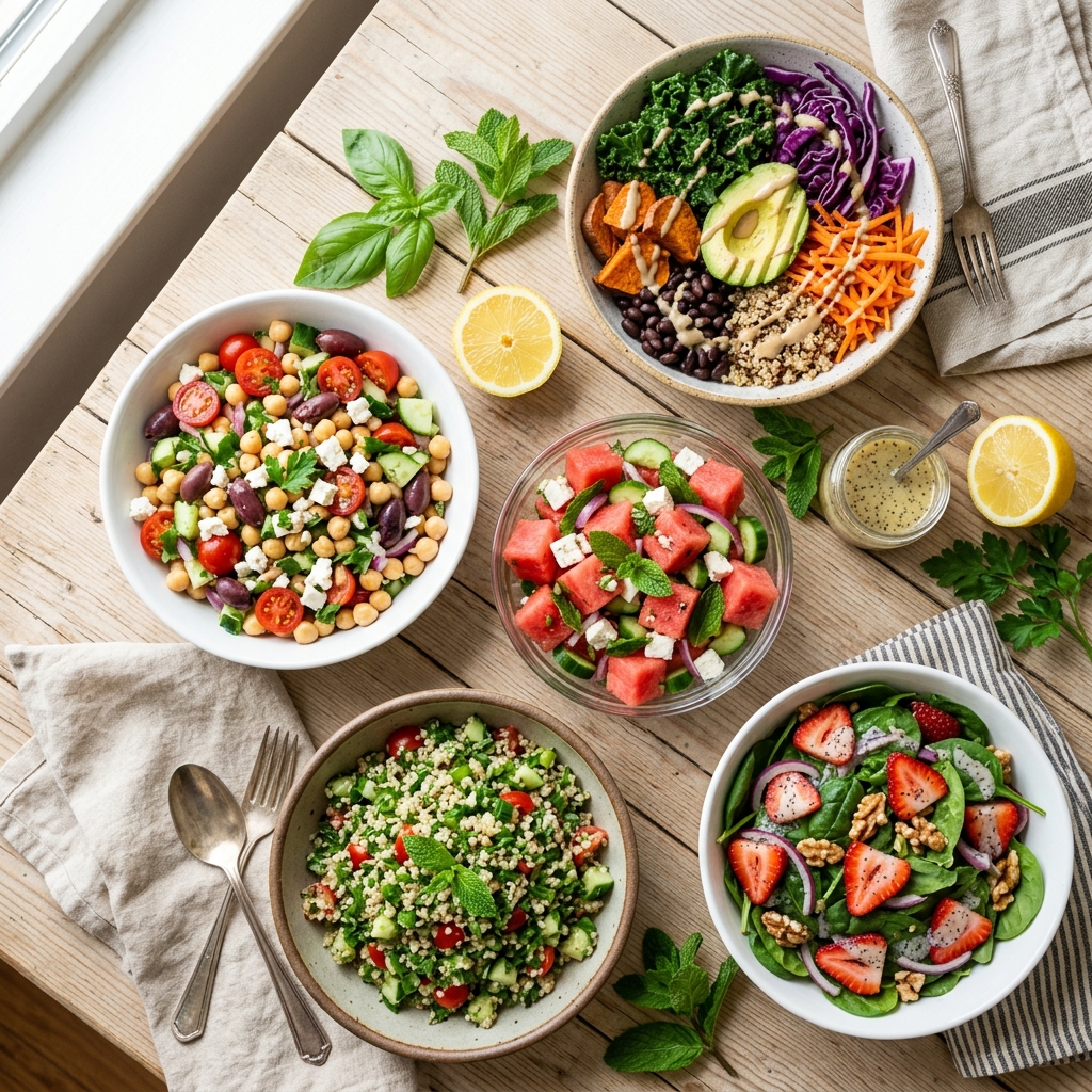 Top-down view of 5 colorful summer vegan salads on a wooden table