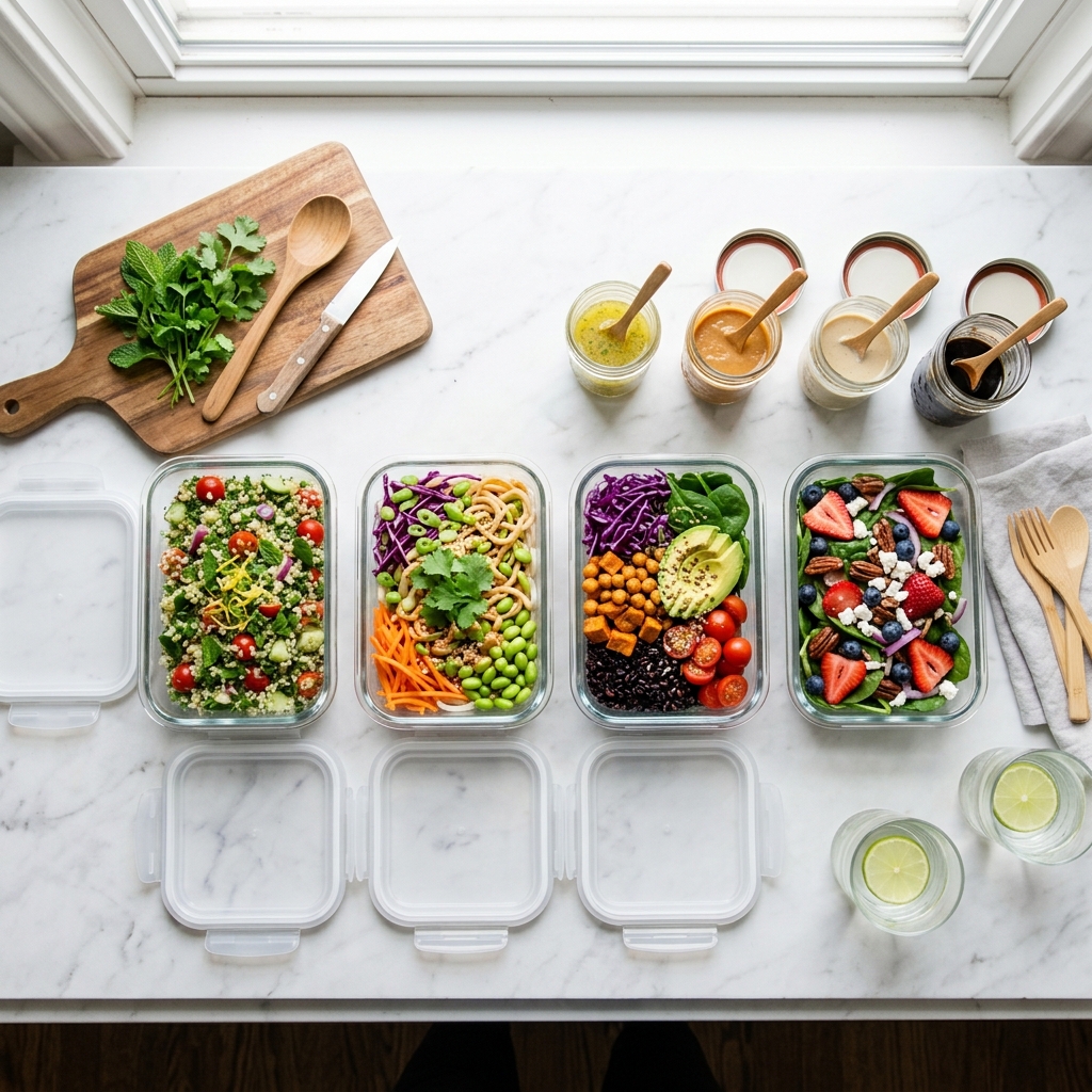 Vegan summer meal prep with 4 glass containers of summer vegan salads on a marble surface