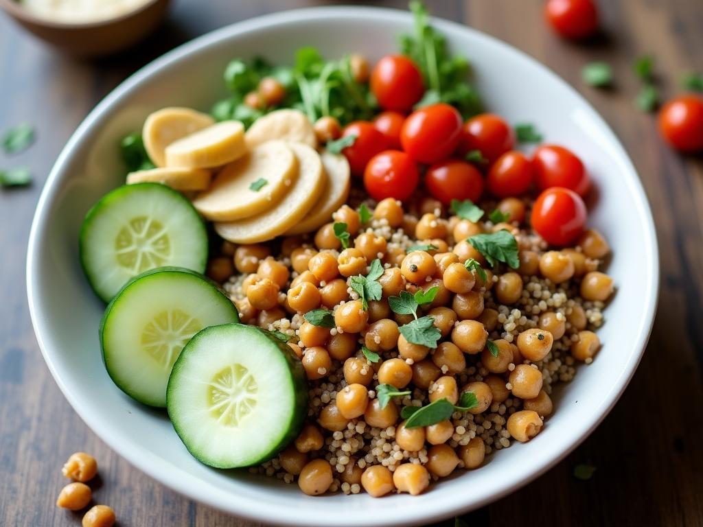 Vegan Buddha Bowl with brown rice, roasted sweet potato, chickpeas, and tahini dressing - lunch day 1