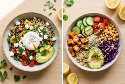 Vegan reset vs vegetarian reset comparison — two plant-forward bowls side by side showing the diet difference