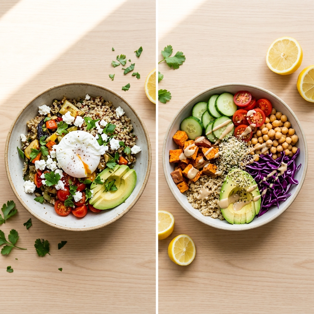 Vegan reset vs vegetarian reset comparison — two plant-forward bowls side by side showing the diet difference