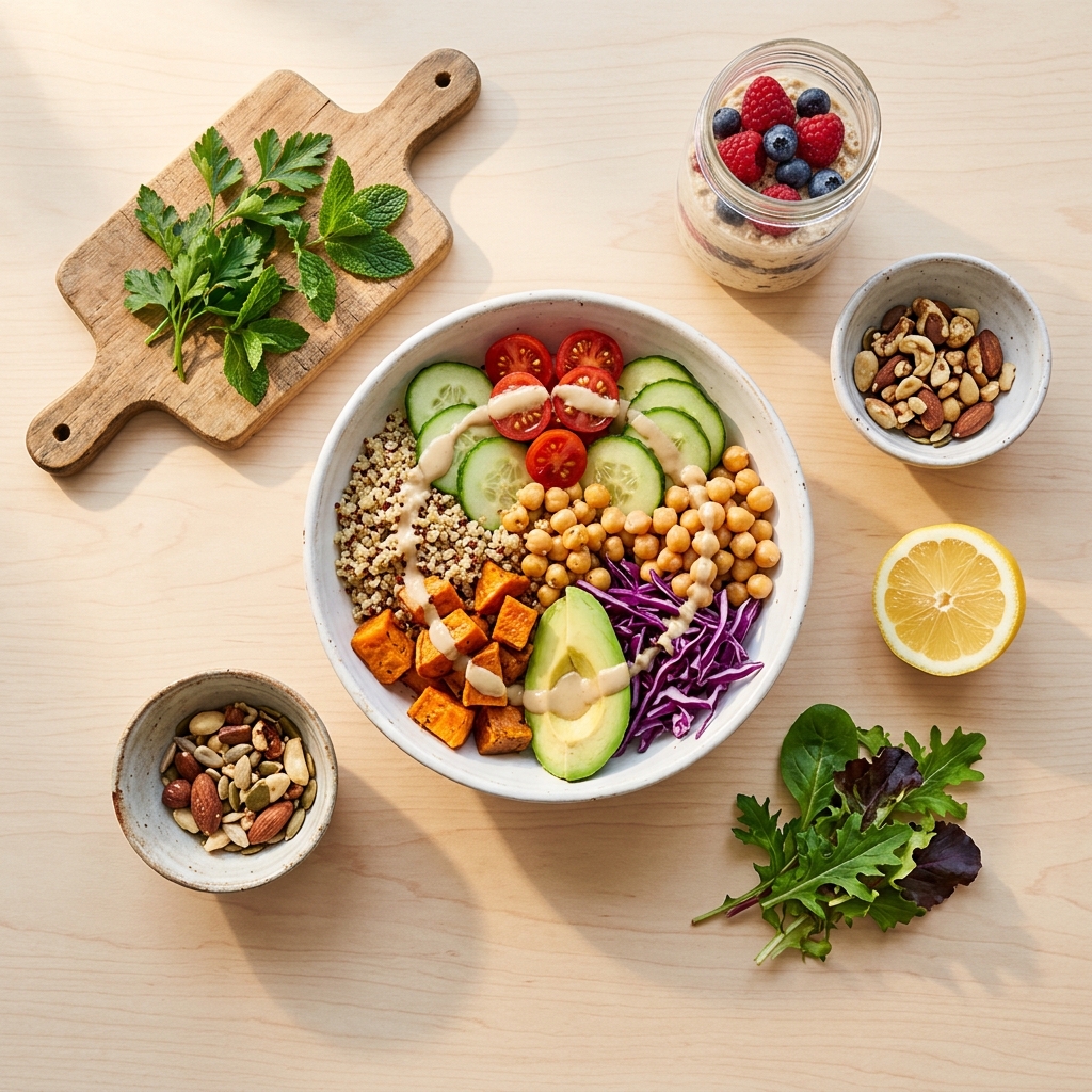 How to start a vegan diet — beginner-friendly Rainbow Buddha bowl with quinoa, chickpeas, and fresh vegetables