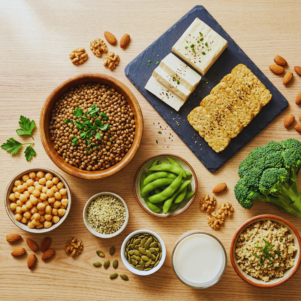 Vegan protein sources spread — lentils, tofu, tempeh, edamame, hemp seeds, almonds, and quinoa arranged on a wooden table